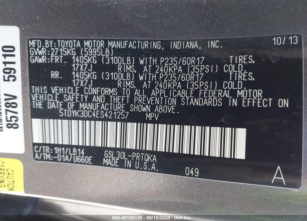 2014 TOYOTA SIENNA XLE V6 8 PASSENGER VIN: 5TDYK3DC4ES421257