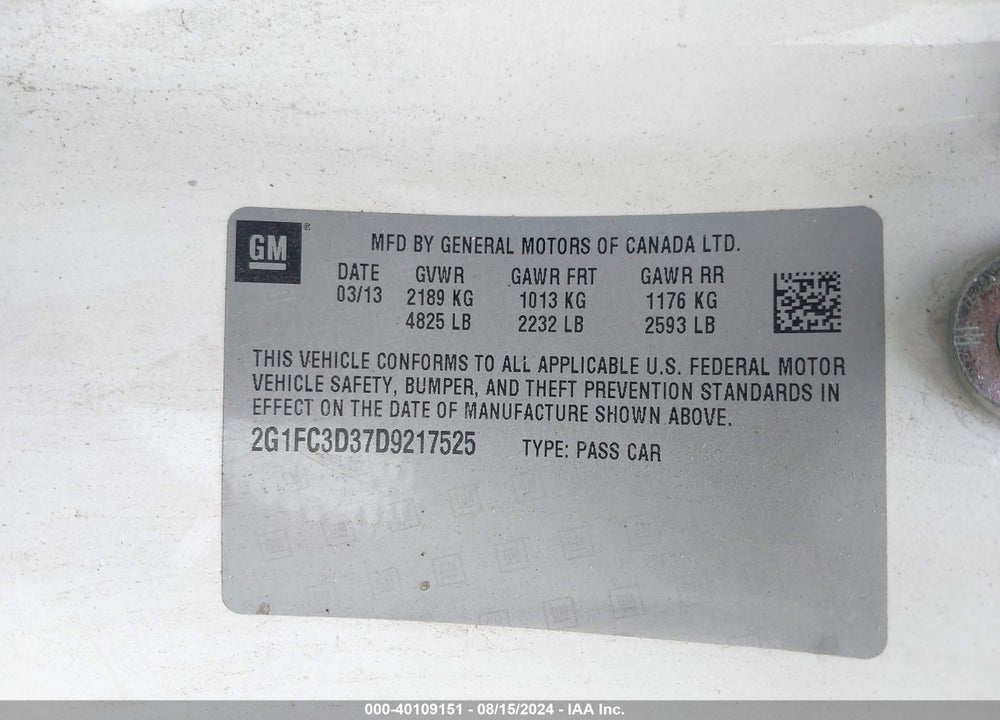 2013 CHEVROLET CAMARO 2LT VIN: 2G1FC3D37D9217525