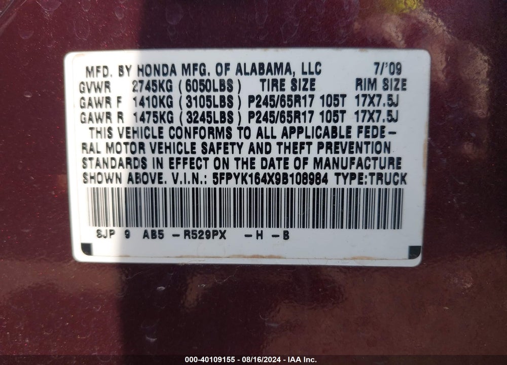 2009 HONDA RIDGELINE RTS VIN: 5FPYK164X9B108984