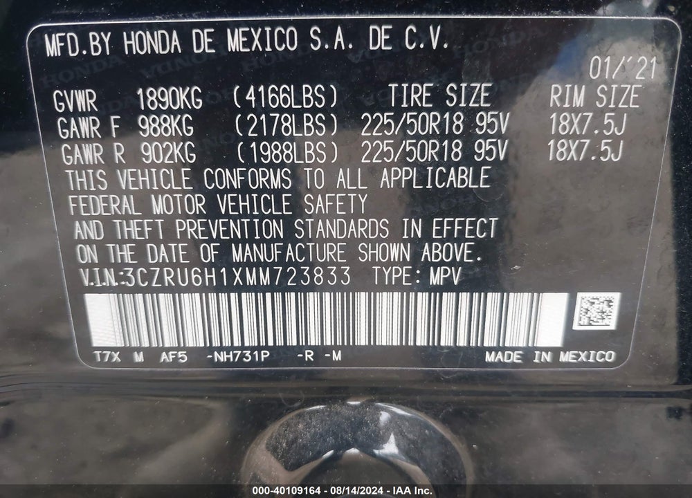 2021 HONDA HR-V AWD SPORT VIN: 3CZRU6H1XMM723833