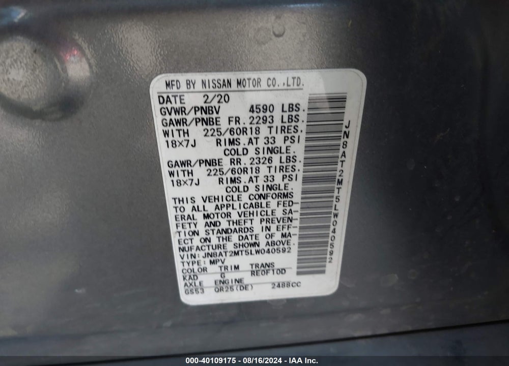 2020 NISSAN ROGUE SV FWD VIN: JN8AT2MT5LW040592