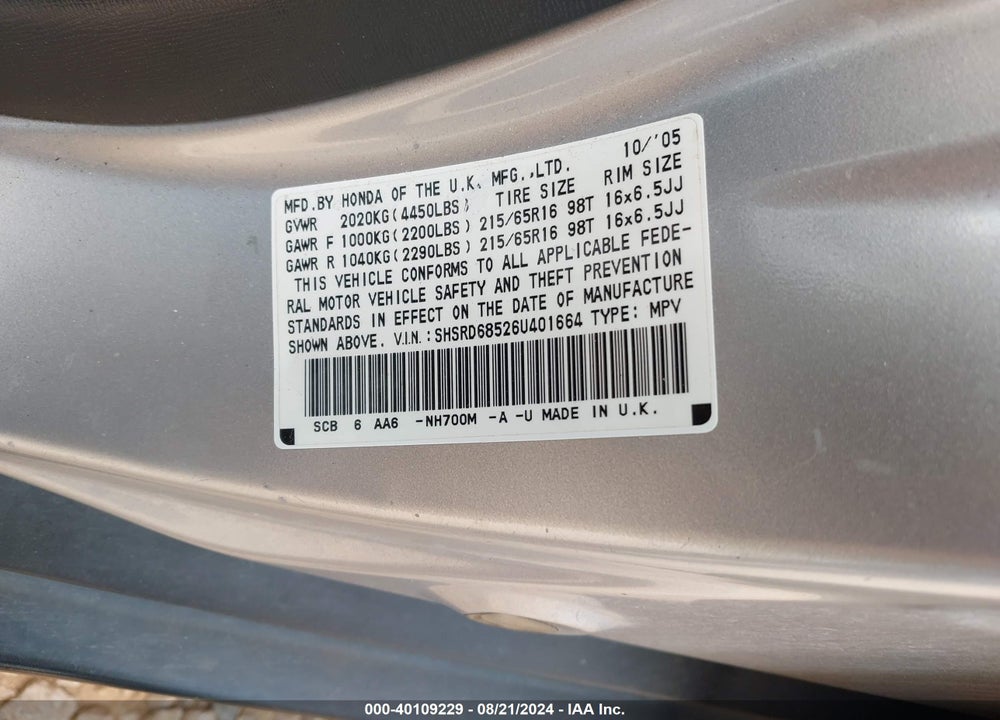 2006 HONDA CR-V LX VIN: SHSRD68526U401664