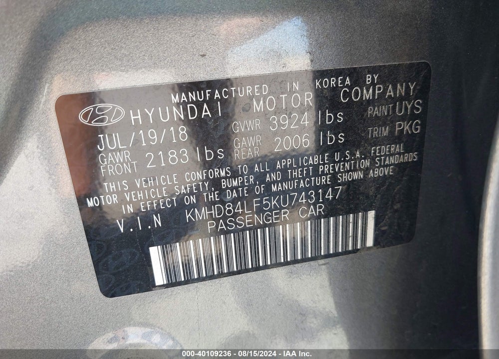 2019 HYUNDAI ELANTRA SEL VIN: KMHD84LF5KU743147