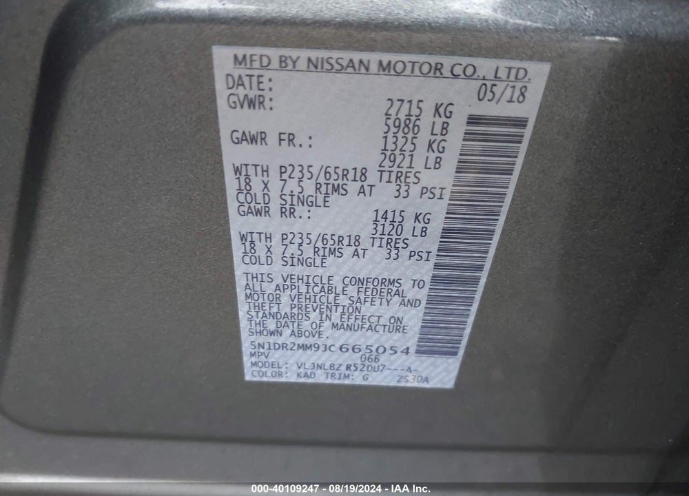 2018 NISSAN PATHFINDER S VIN: 5N1DR2MM9JC665054