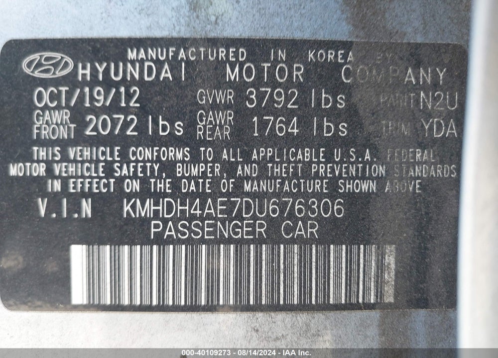 2013 HYUNDAI ELANTRA LIMITED VIN: KMHDH4AE7DU676306