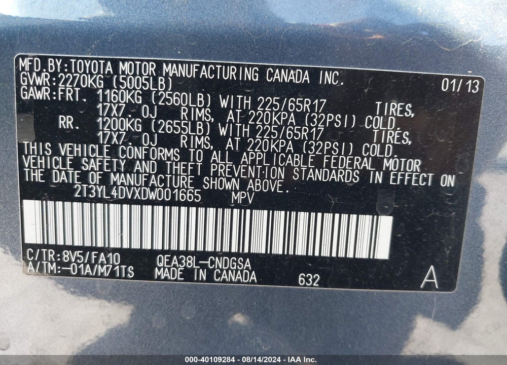 2013 TOYOTA RAV4 EV VIN: 2T3YL4DVXDW001665