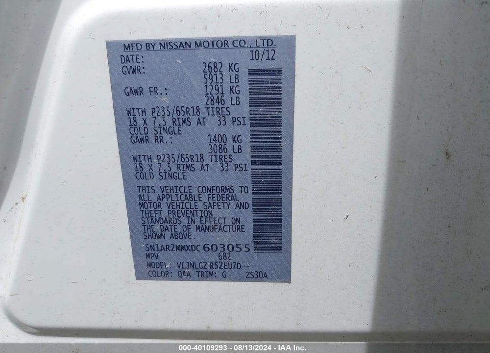 2013 NISSAN PATHFINDER SL VIN: 5N1AR2MMXDC603055