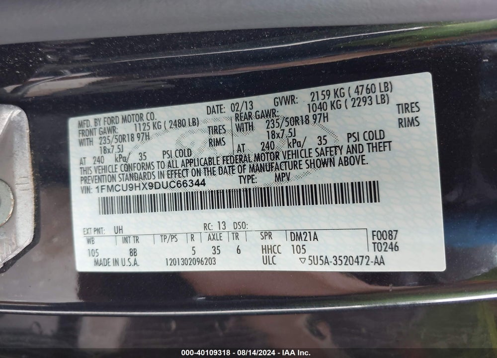 2013 FORD ESCAPE SEL VIN: 1FMCU9HX9DUC66344