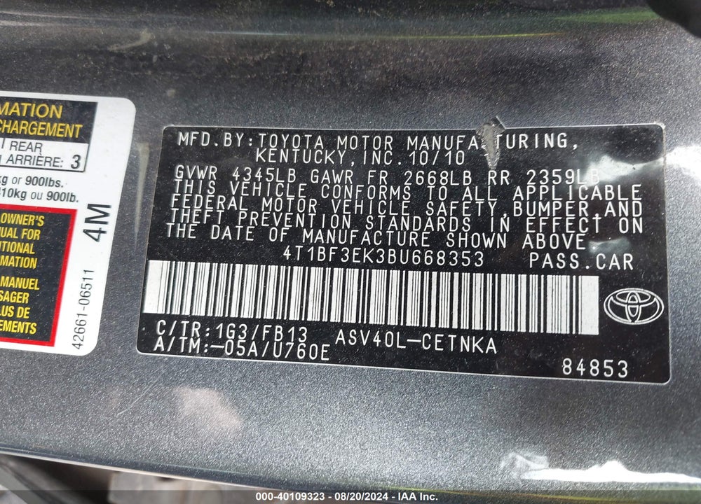 2011 TOYOTA CAMRY LE VIN: 4T1BF3EK3BU668353