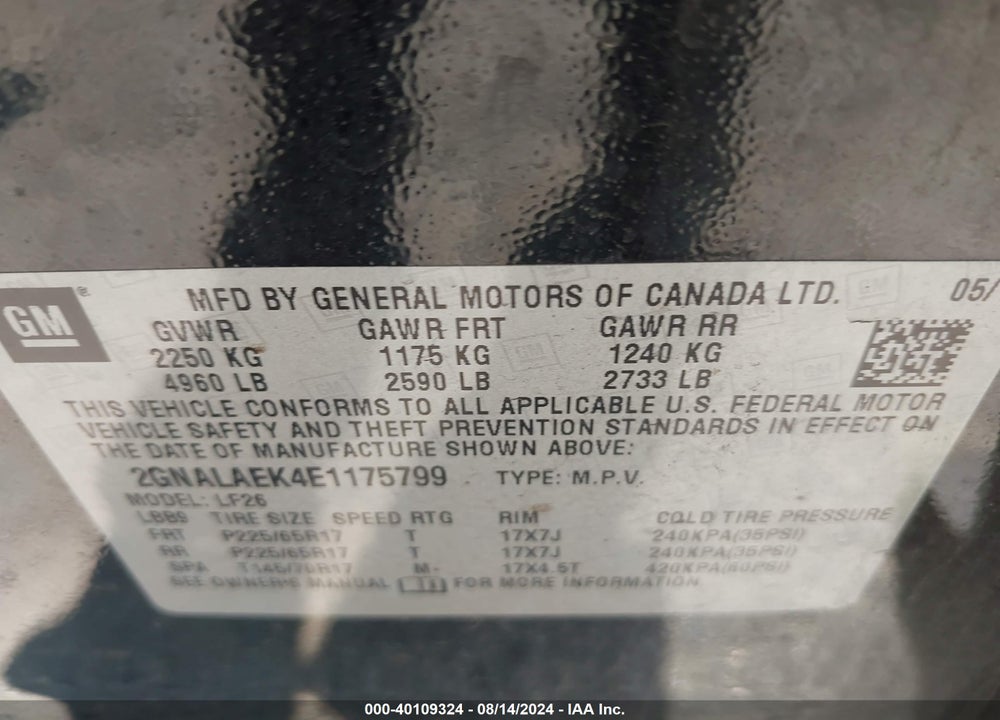 2014 CHEVROLET EQUINOX LS VIN: 2GNALAEK4E1175799