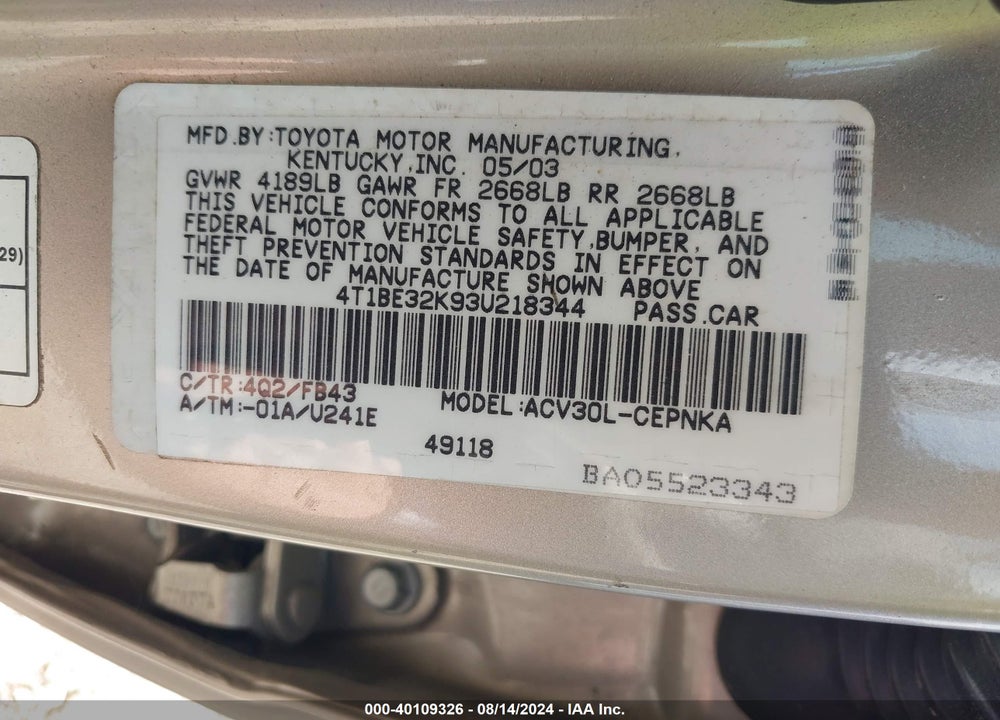 2003 TOYOTA CAMRY LE VIN: 4T1BE32K93U218344