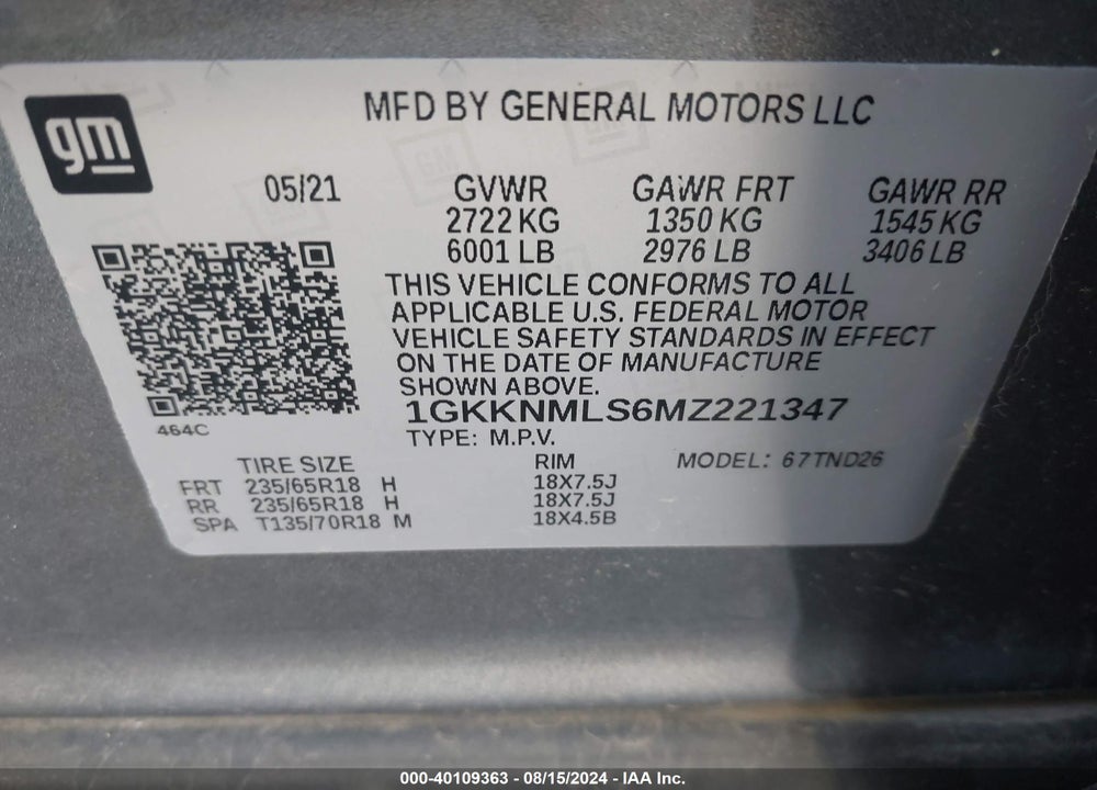 2021 GMC ACADIA FWD SLT VIN: 1GKKNMLS6MZ221347