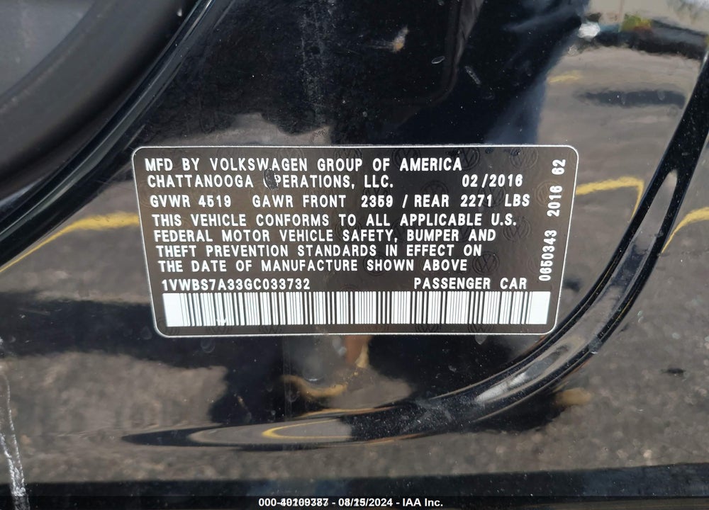 2016 VOLKSWAGEN PASSAT 1.8T SE VIN: 1VWBS7A33GC033732