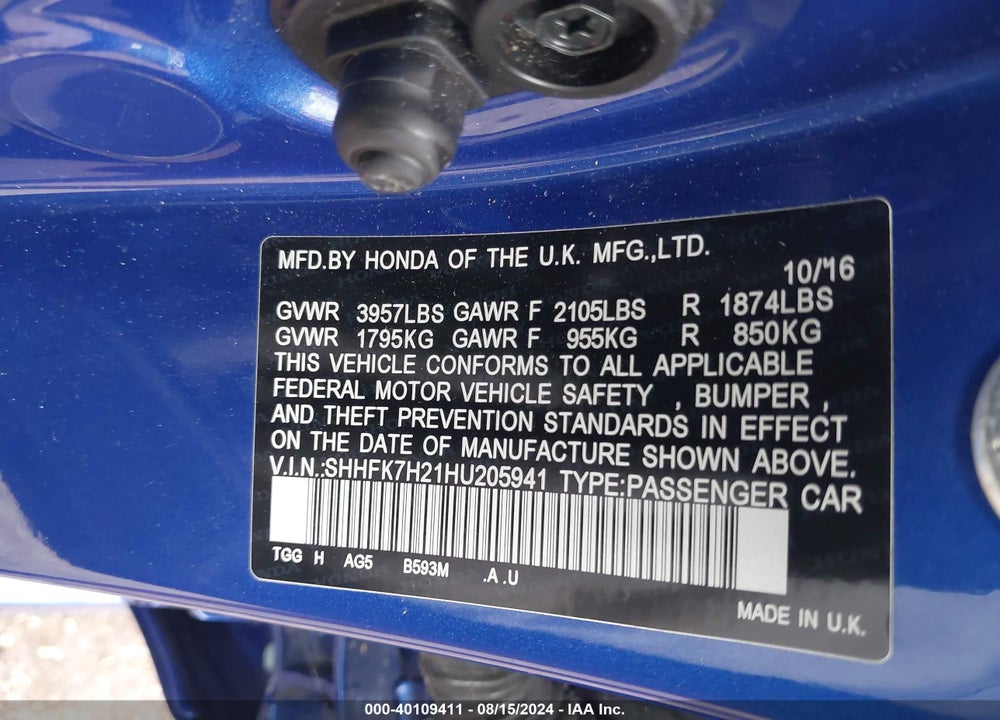 2017 HONDA CIVIC LX VIN: SHHFK7H21HU205941