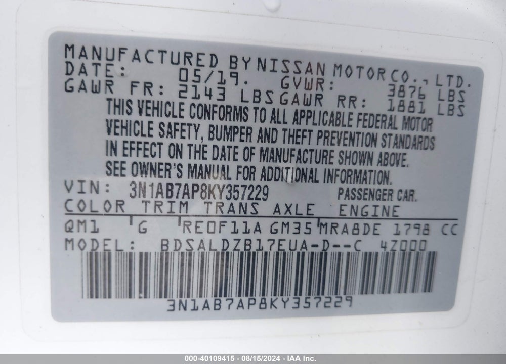 2019 NISSAN SENTRA SV VIN: 3N1AB7AP8KY357229