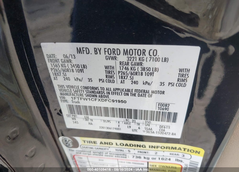 2013 FORD F-150 LARIAT VIN: 1FTFW1CFXDFC91950