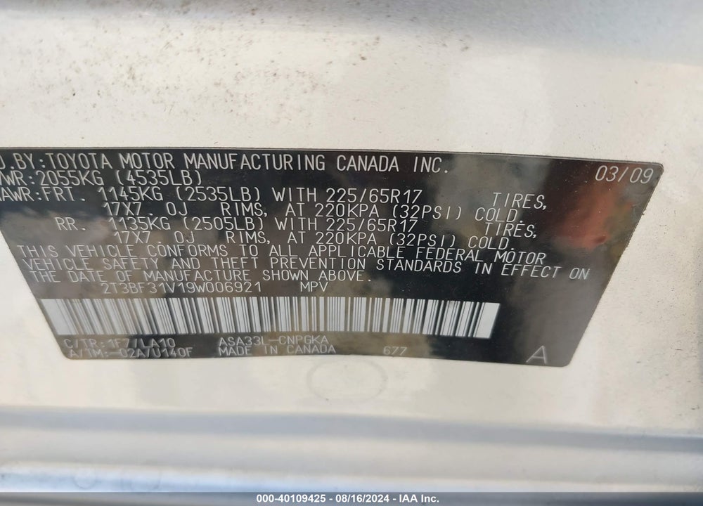 2009 TOYOTA RAV4 LIMITED VIN: 2T3BF31V19W006921