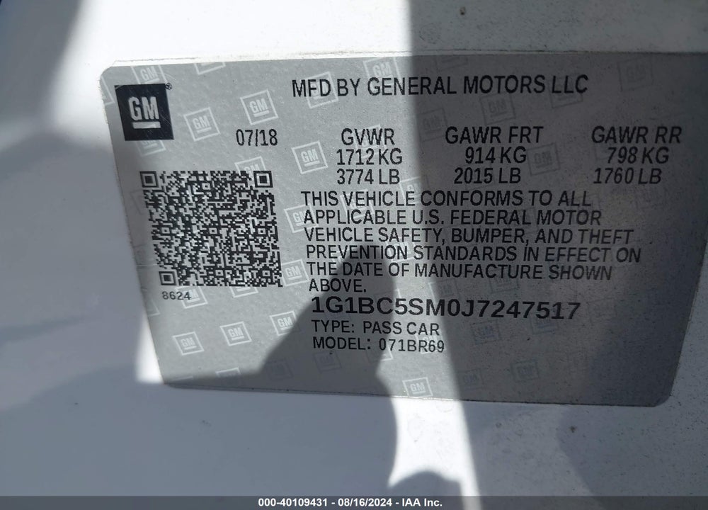 2018 CHEVROLET CRUZE LS AUTO VIN: 1G1BC5SM0J7247517