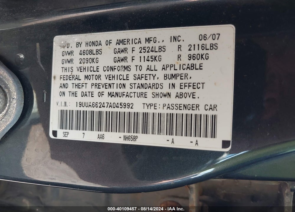 2007 ACURA TL VIN: 19UUA66247A045992