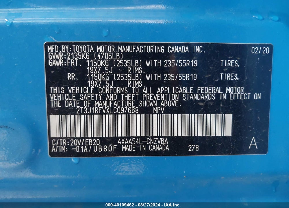 2020 TOYOTA RAV4 ADVENTURE VIN: 2T3J1RFVXLC097668