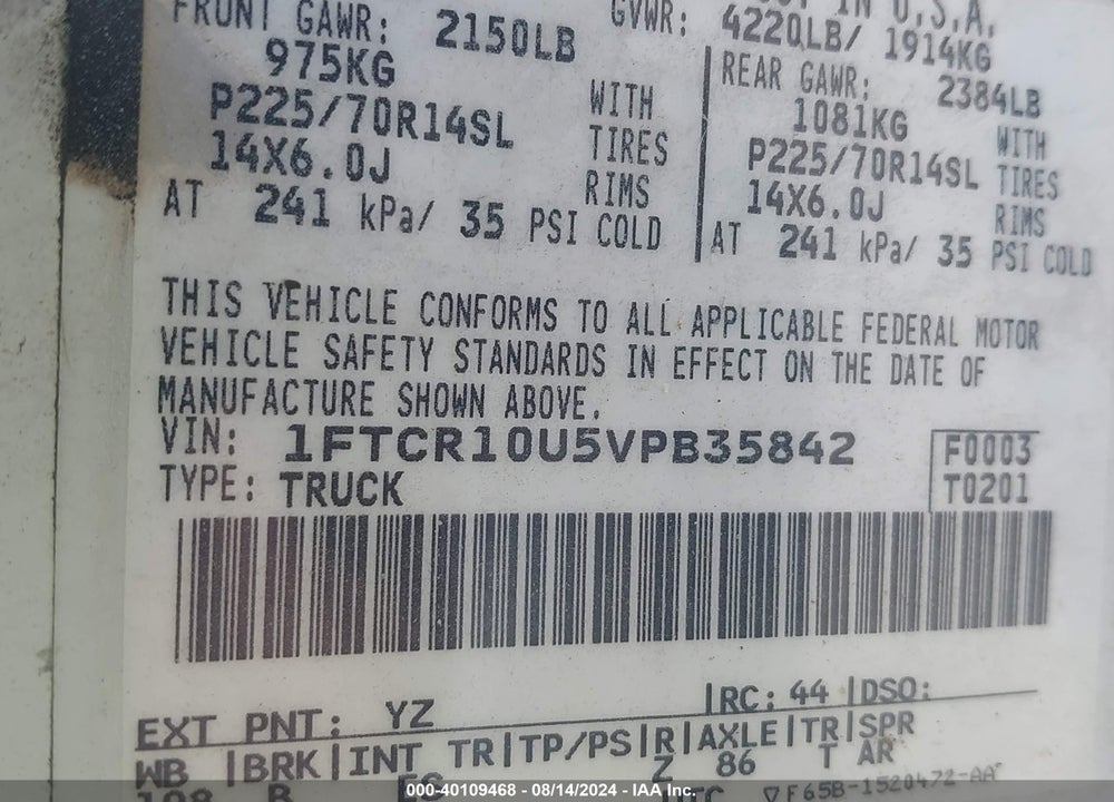 1997 FORD RANGER SPLASH/XL/XLT VIN: 1FTCR10U5VPB35842