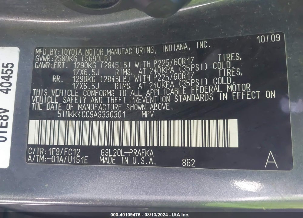 2010 TOYOTA SIENNA LE VIN: 5TDKK4CC9AS330301