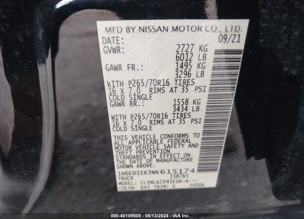 2022 NISSAN FRONTIER S 4X4 VIN: 1N6ED1EK3NN615174