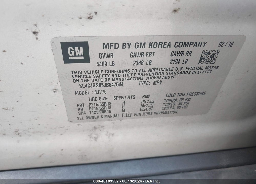 2018 BUICK ENCORE ESSENCE VIN: KL4CJGSB5JB647544