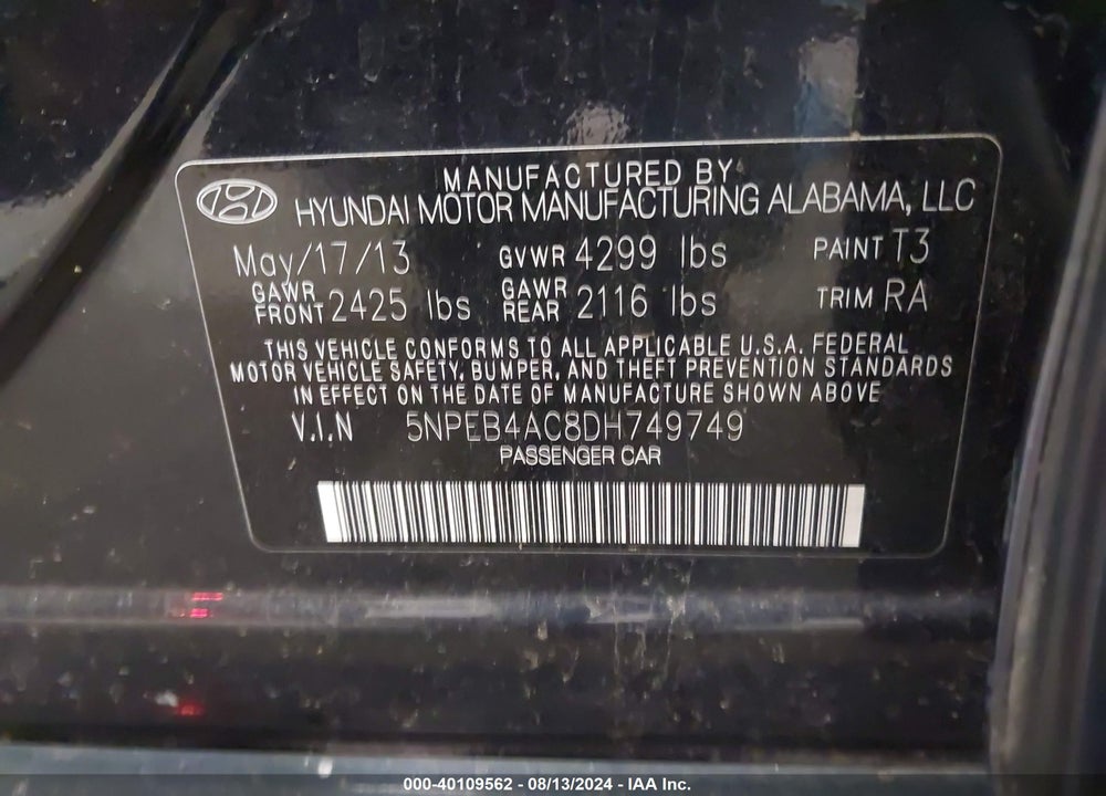 2013 HYUNDAI SONATA GLS VIN: 5NPEB4AC8DH749749