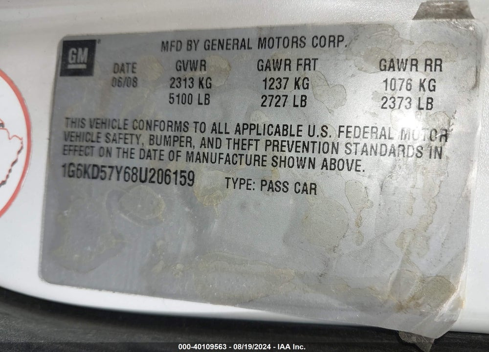 2008 CADILLAC DTS 1SD VIN: 1G6KD57Y68U206159