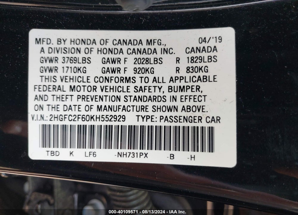 2019 HONDA CIVIC VIN: 2HGFC2F60KH552929