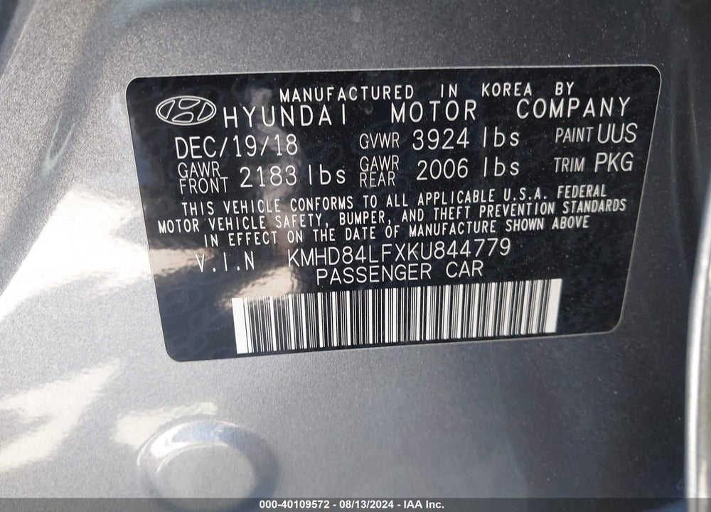 2019 HYUNDAI ELANTRA SEL VIN: KMHD84LFXKU844779