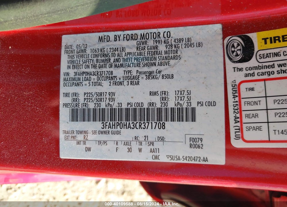 2012 FORD FUSION VIN: 3FAHP0HA3CR371708