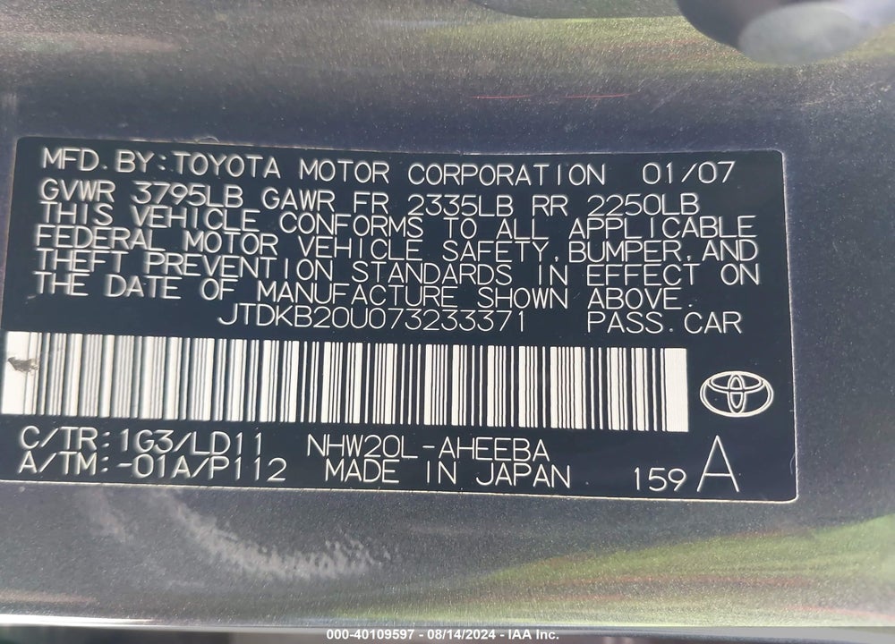 2007 TOYOTA PRIUS VIN: JTDKB20U073233371