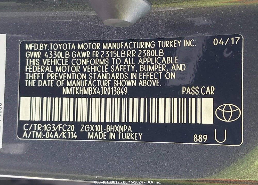 2018 TOYOTA C-HR XLE PREMIUM VIN: NMTKHMBX4JR013849