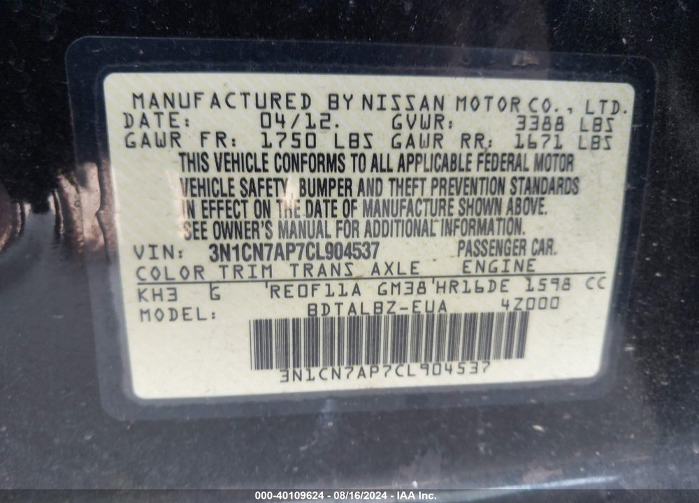 2012 NISSAN VERSA 1.6 SV VIN: 3N1CN7AP7CL904537
