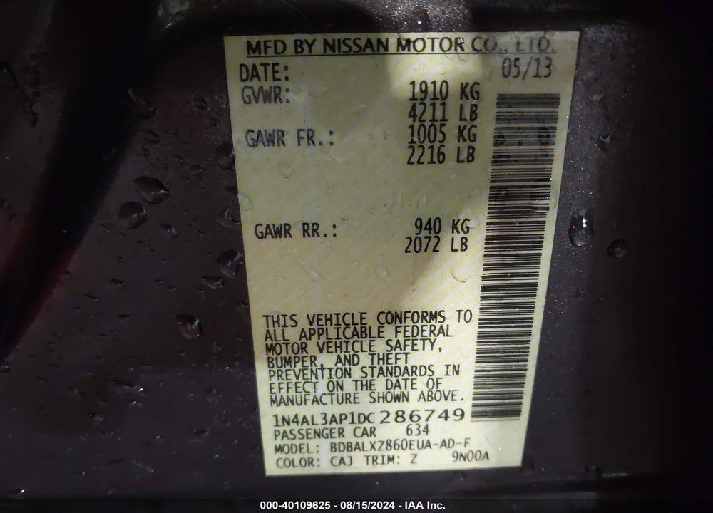 2013 NISSAN ALTIMA VIN: 1N4AL3AP1DC286749