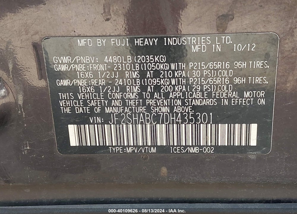 2013 SUBARU FORESTER 2.5X VIN: JF2SHABC7DH435301