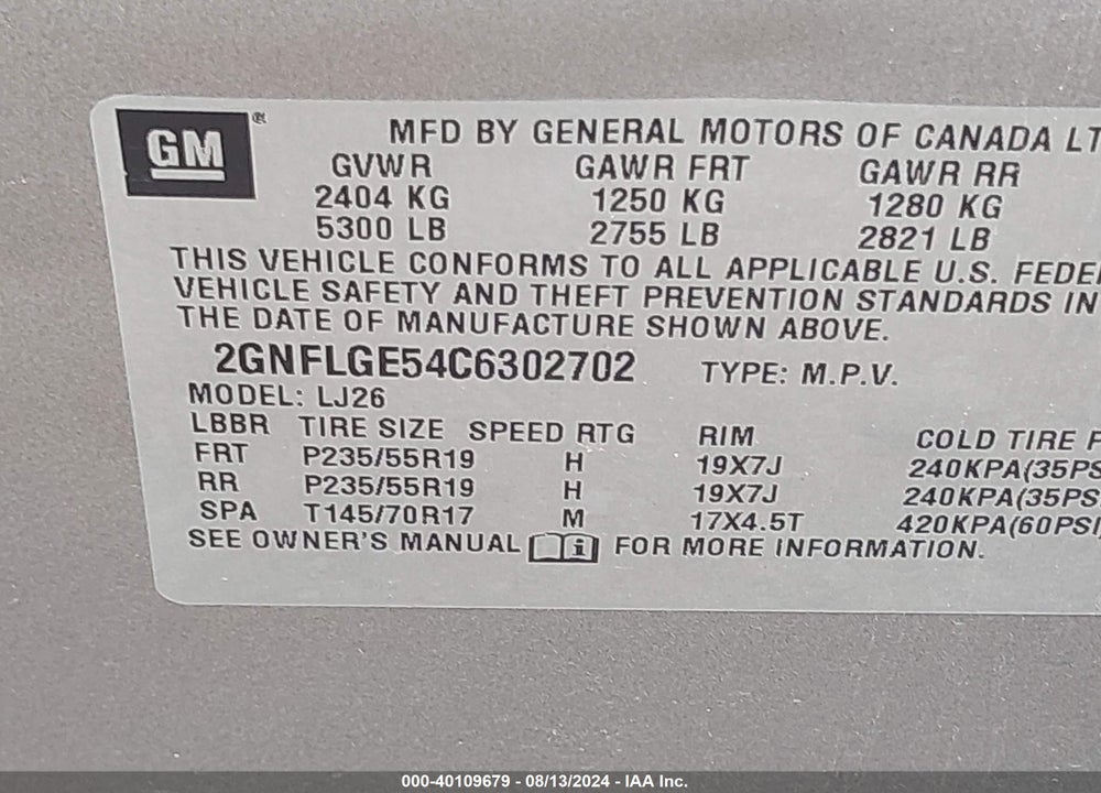 2012 CHEVROLET EQUINOX LTZ VIN: 2GNFLGE54C6302702