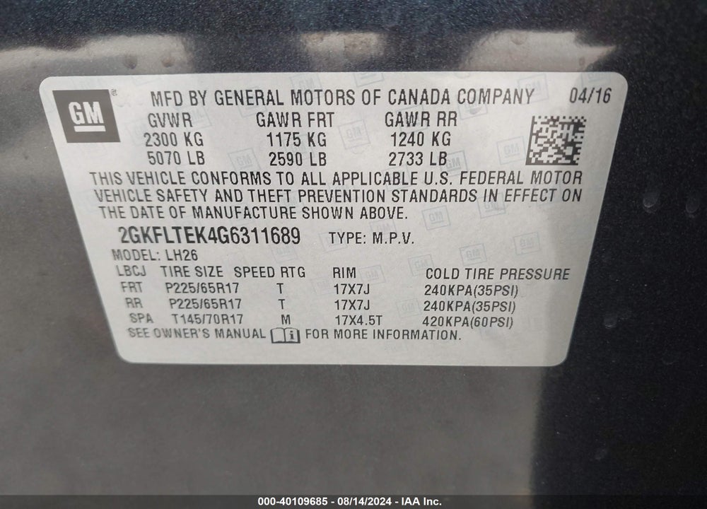 2016 GMC TERRAIN SLE-2 VIN: 2GKFLTEK4G6311689