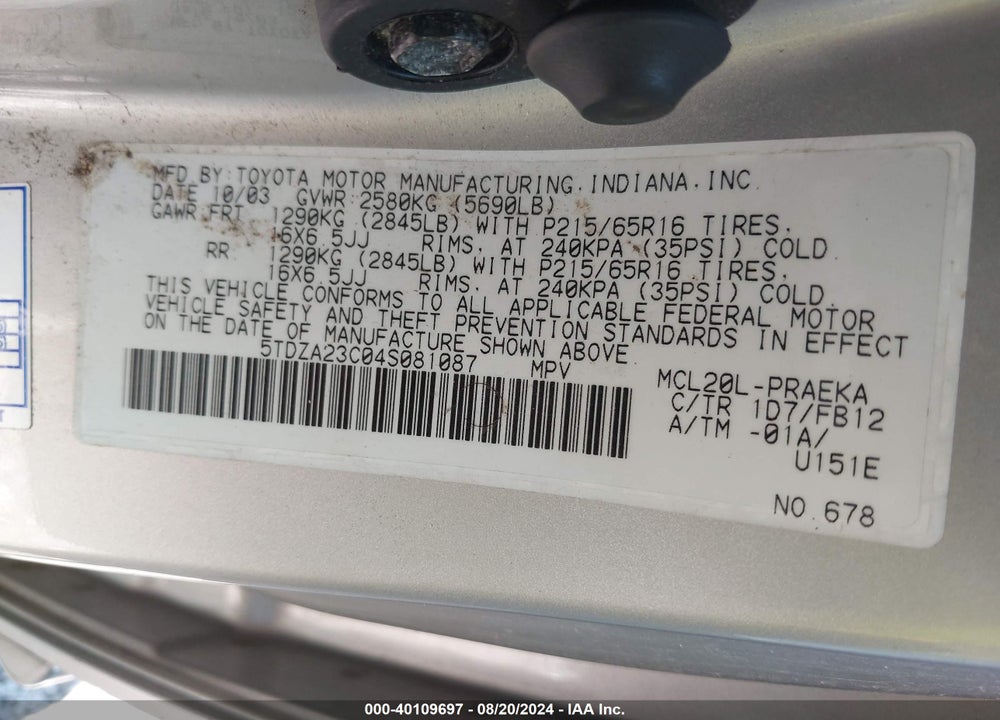 2004 TOYOTA SIENNA LE VIN: 5TDZA23C04S081087