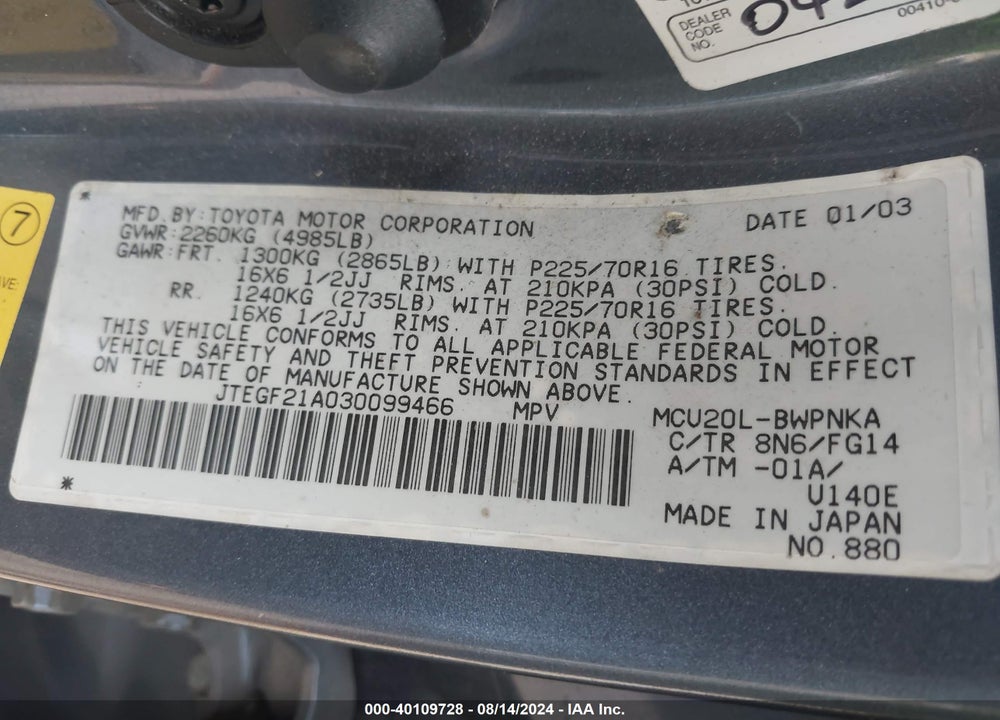 2003 TOYOTA HIGHLANDER V6 VIN: JTEGF21A030099466