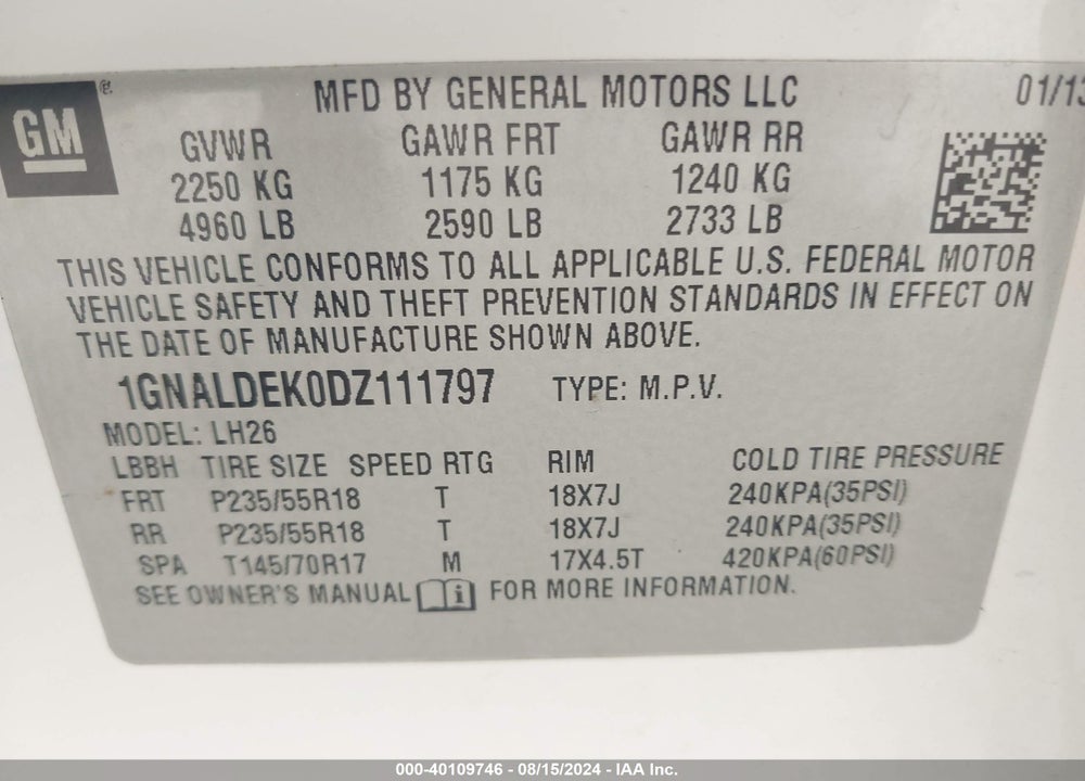 2013 CHEVROLET EQUINOX 1LT VIN: 1GNALDEK0DZ111797