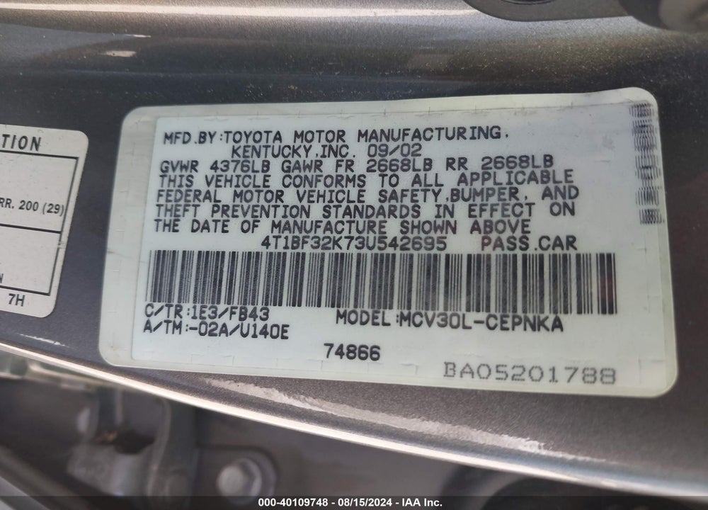 2003 TOYOTA CAMRY LE V6 VIN: 4T1BF32K73U542695