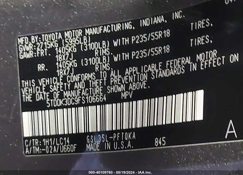 2015 TOYOTA SIENNA VIN: 5TDDK3DC9FS106664
