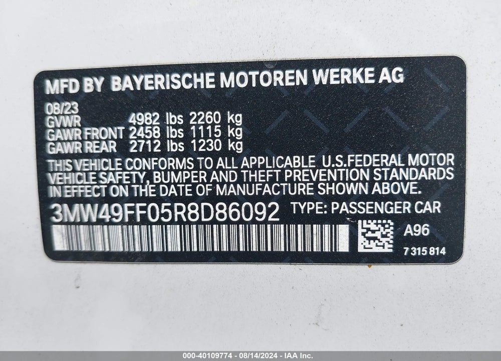 2024 BMW 3 SERIES M340I XDRIVE VIN: 3MW49FF05R8D86092