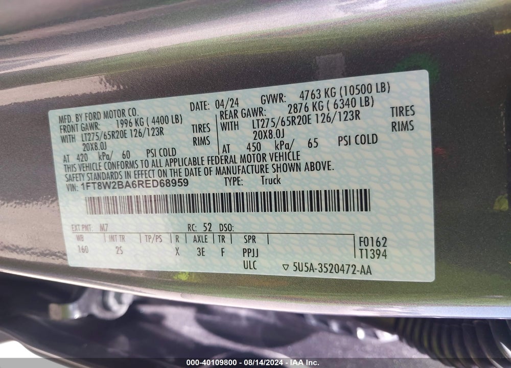 2024 FORD F-250 XLT VIN: 1FT8W2BA6RED68959