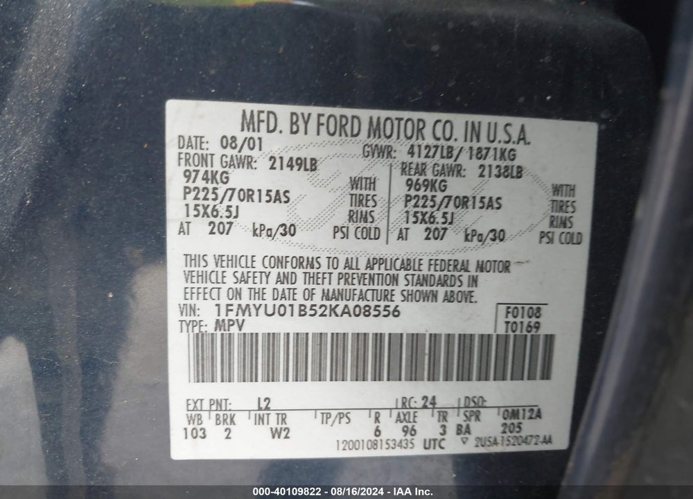 2002 FORD ESCAPE XLS VIN: 1FMYU01B52KA08556