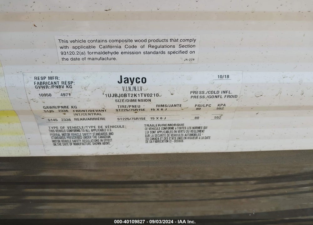 2019 JAYCO TRAVEL TRLR VIN: 1UJBJ0BT2K1TV0210
