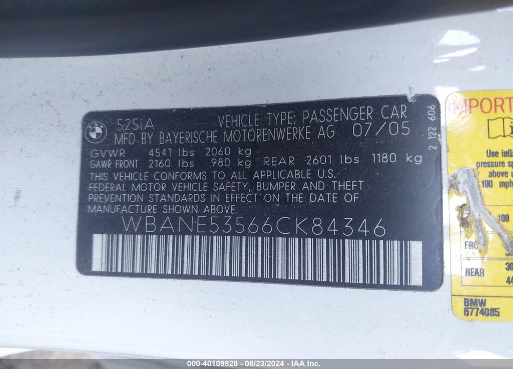 2006 BMW 525I VIN: WBANE53566CK84346